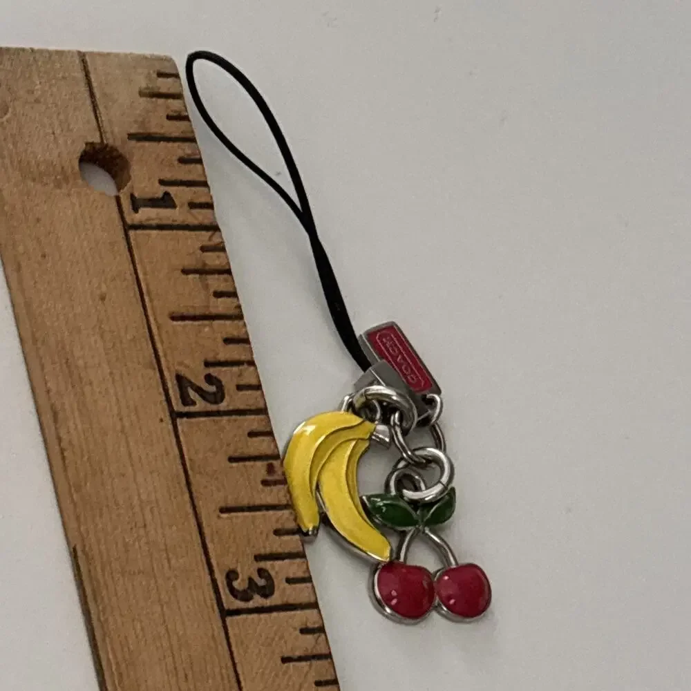 Coach Enamel Cherry & Bananas vintage Y2K phone Charm Silver Tone 3” Long